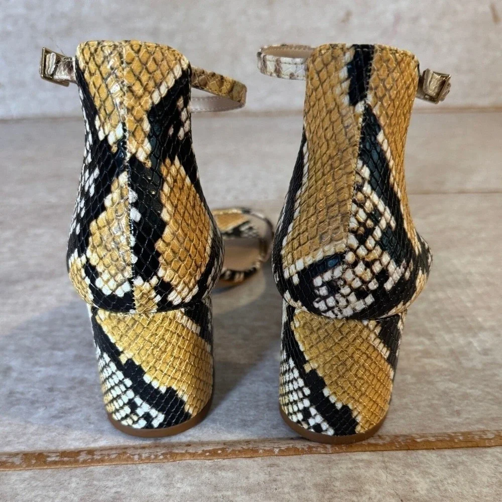 Aldo Block Heel Sandals Women 8.5 Yellow Black Snakeskin Ankle Strap EUC Summer